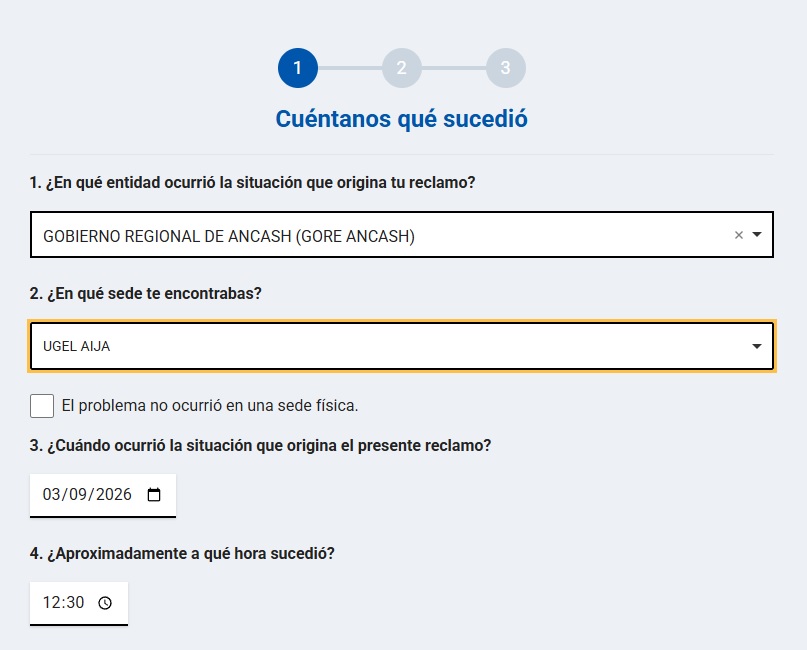 Instrucción para seleccionar UGEL Aija en reclamos.servicios.gob.pe